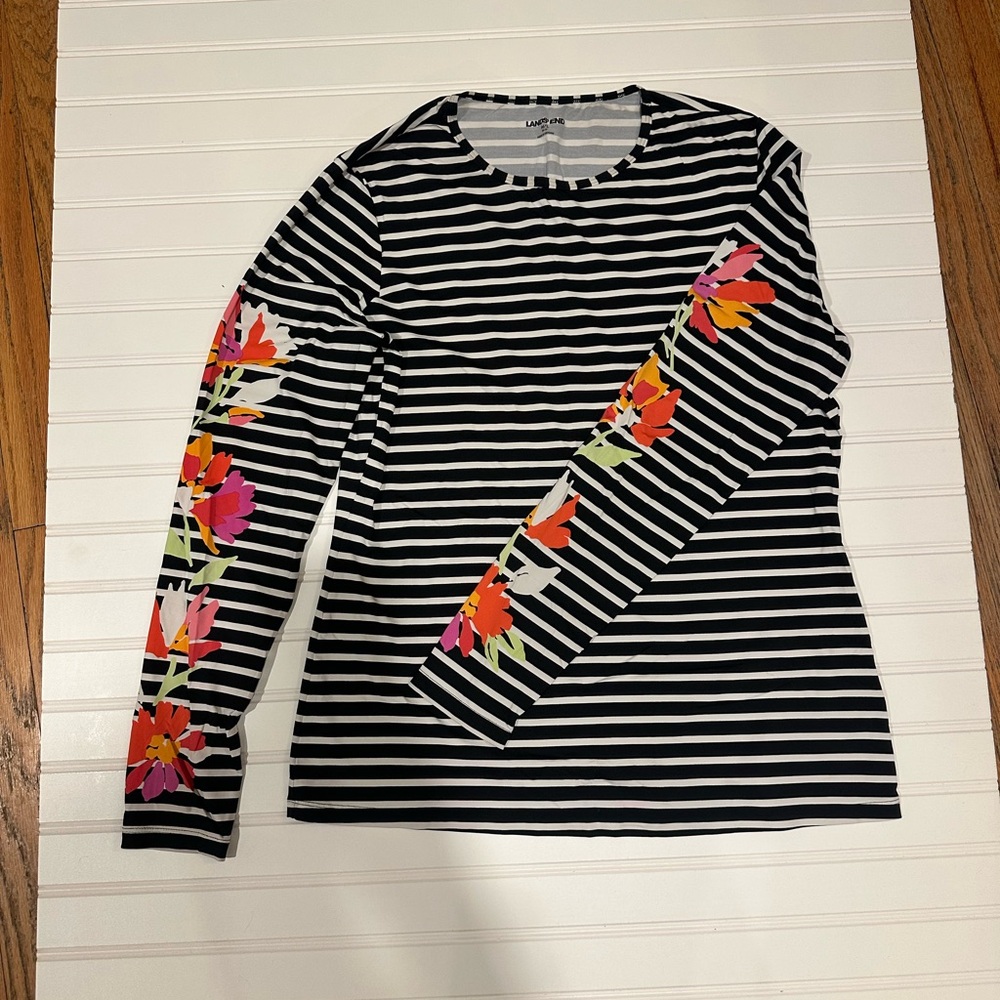 Lands End Swim Rash Sun Protector Floral Long Sleeve Top Size M/L 10-12